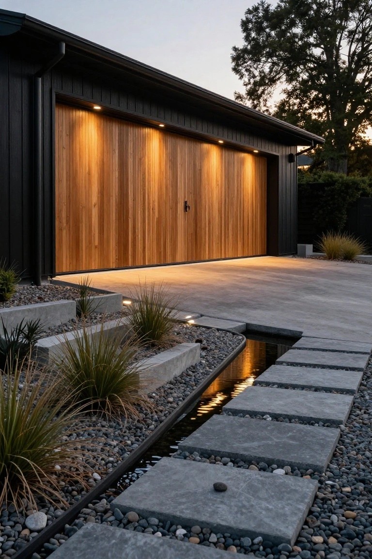 Black-clad modern garage with tall vertical wooden door illuminated by recessed lights, concrete apron with linear water channel path edged in gravel and grasses.