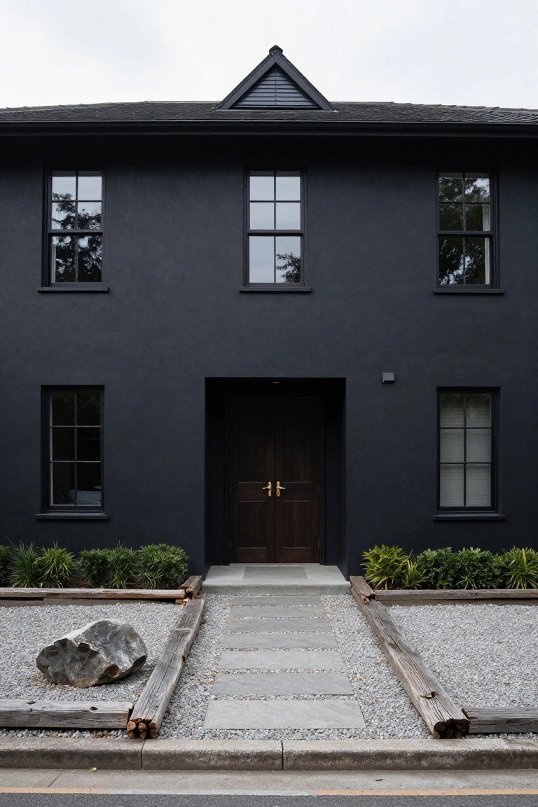 Front exterior of a two-story house painted matte black with a gabled shingle roof, black-framed multi-pane windows, dark wood double doors with gold knobs, and a gravel pathway edged in wood with a large boulder leading to the entrance.