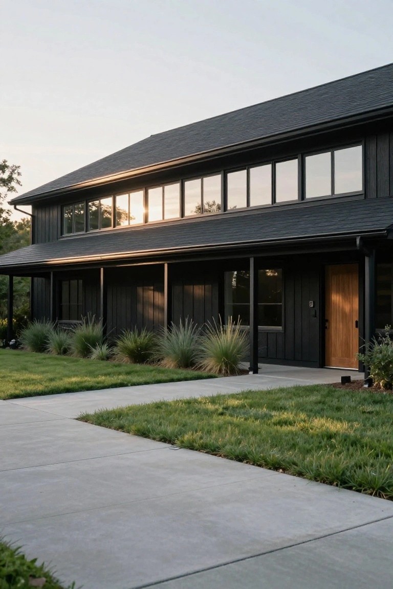 Black board-and-batten sided house with gabled dark shingle roof, clerestory windows, covered front porch with wooden door, ornamental grasses, lawn, and concrete walkway.