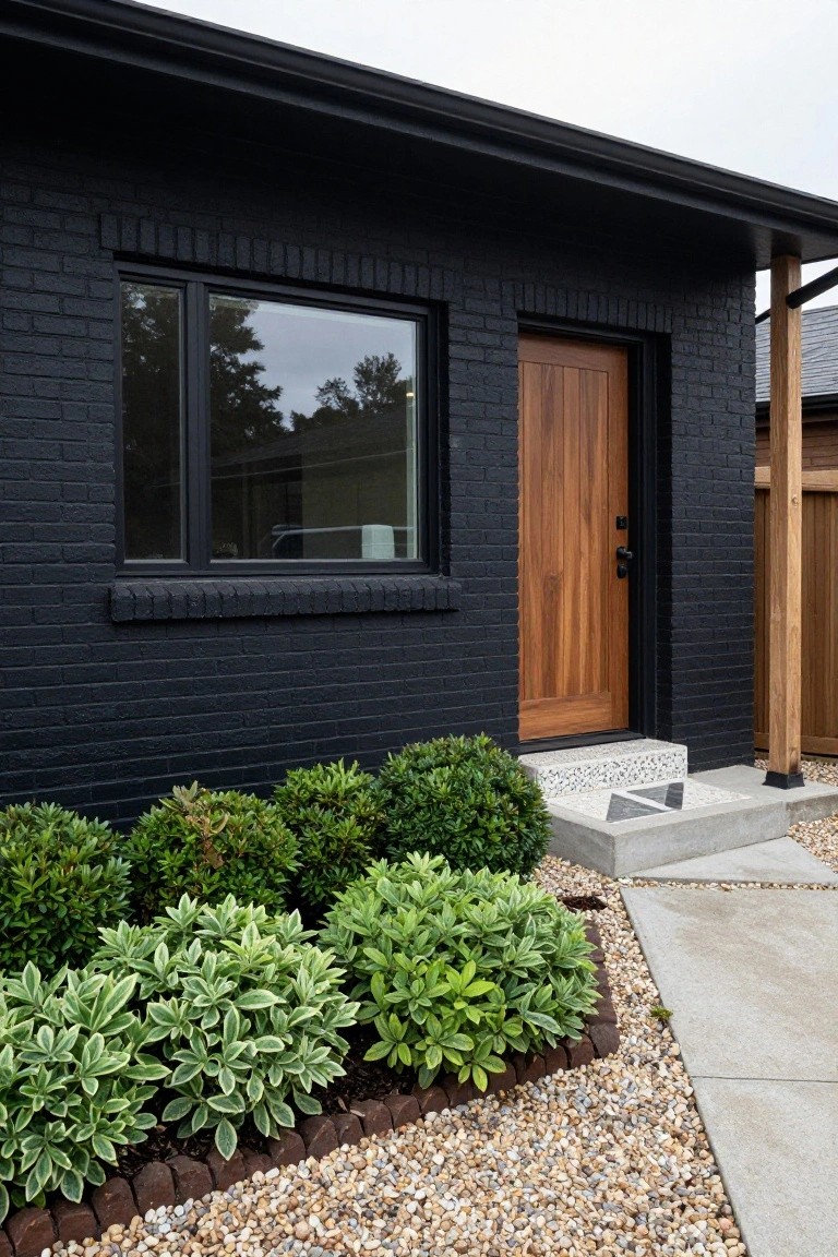 Black brick house exterior with a wooden entry door, black-framed window, concrete steps with pebble inlay, boxwood shrubs, and gravel mulch bed.