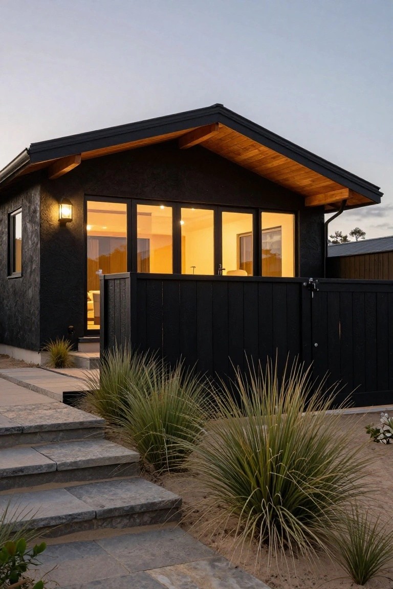 Small black gabled house exterior with textured walls, exposed wood beams under the roof eaves, large illuminated glass windows and doors, black vertical fence, stone entry steps, and clumps of tall grasses in sandy soil at dusk.