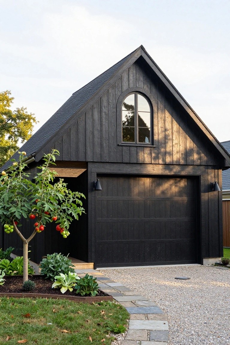 Black wood-clad gabled garage with arched window, double garage door, flanked by young apple tree with fruit, hostas, gravel driveway, and stone path leading to grass lawn.