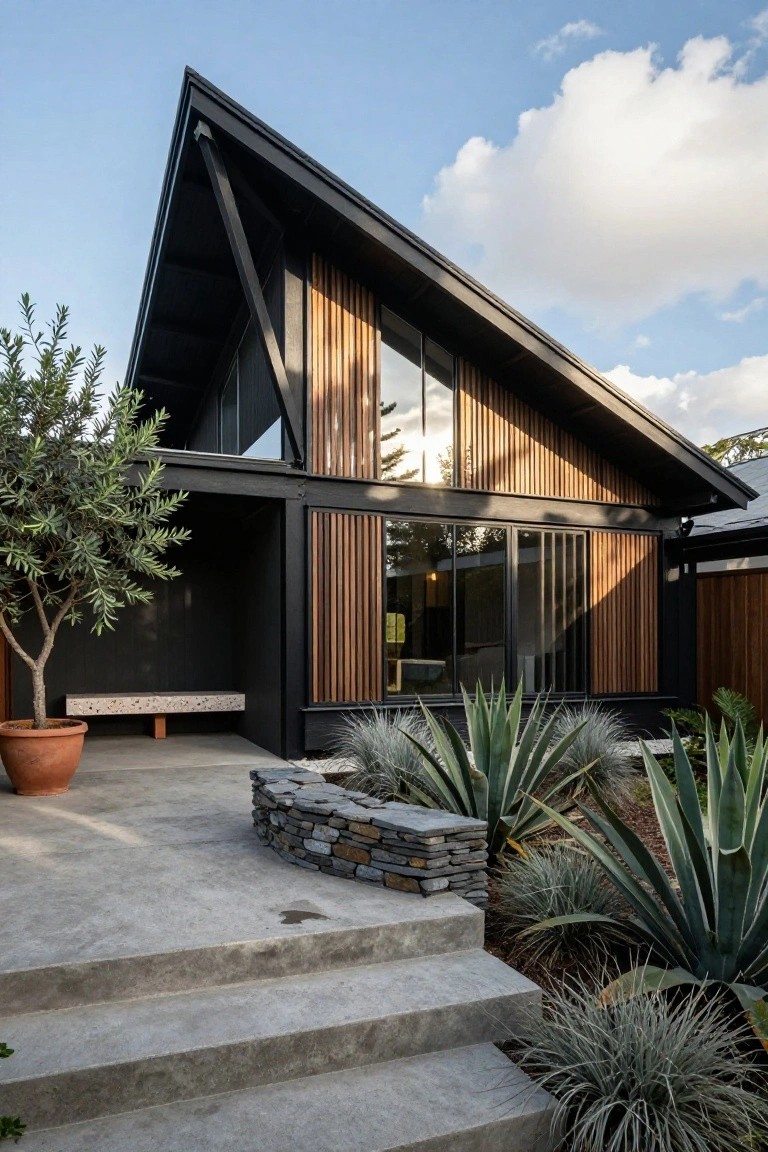 Angular modern house exterior featuring black pitched roof and frame, vertical timber cladding on walls, large sliding glass windows, concrete entry bench in terracotta pot, stone wall, agave plants, and concrete steps.