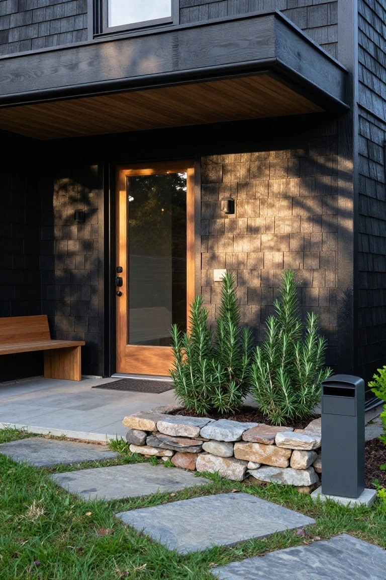 Black shingle house exterior with wooden front door featuring glass panel, wooden bench to the side, rosemary plants in stone wall planter, and stone pathway on grass lawn.