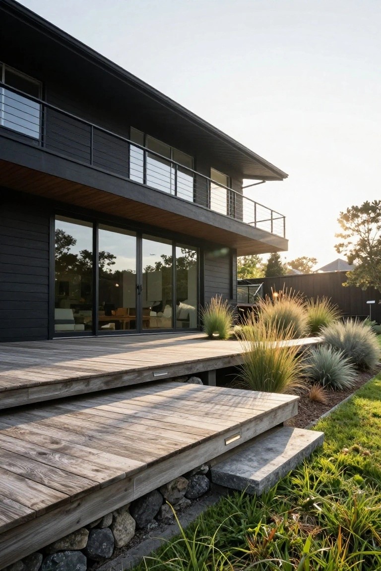 Side exterior view of a two-story black mid-century modern house with an elevated wooden deck, glass sliding doors, cable railings, stone retaining wall, and ornamental grasses in the yard at sunset.
