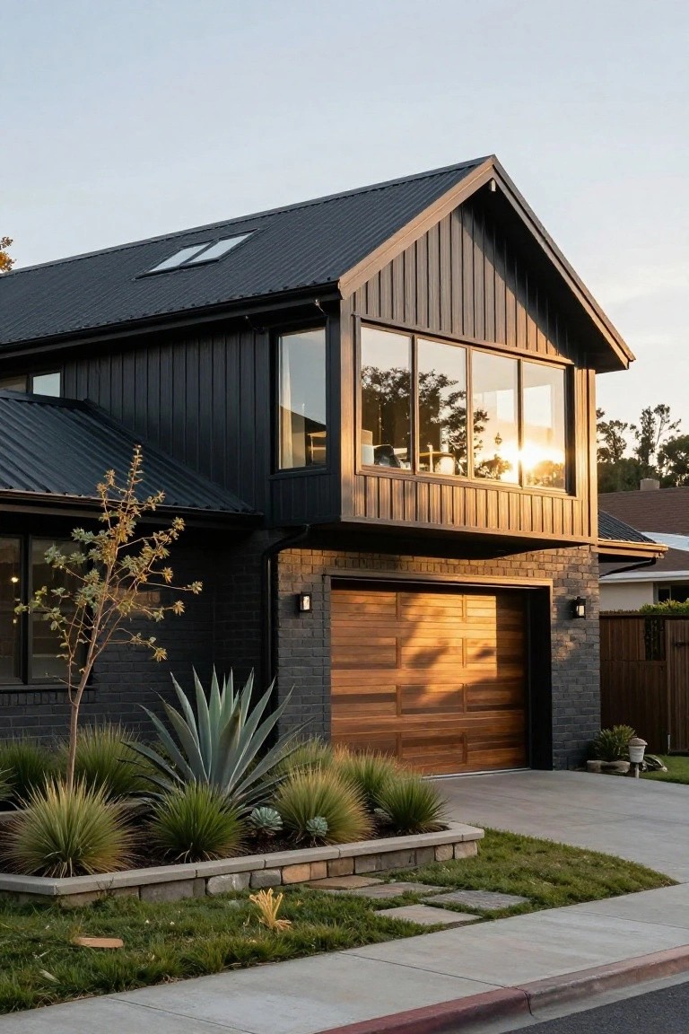 Two-story house exterior featuring black vertical board-and-batten siding, black metal gabled roof, large upper windows, open wooden slat garage door, brick accents, and succulent plant bed along concrete driveway at dusk.