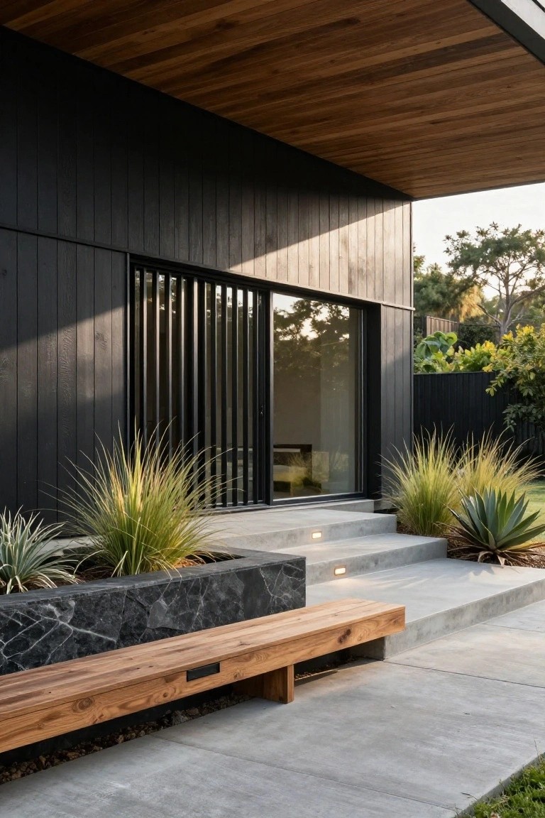 Side exterior of modern house with black vertical timber cladding, overhanging warm wood ceiling, slatted glass entry door, concrete steps, wooden bench beside marble planter wall with agave and grass plantings.
