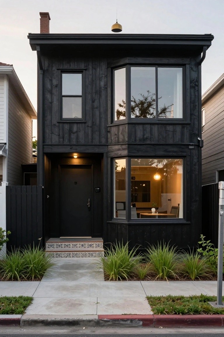 A two-story house with black charred wood siding, a large bay window, black front door, tiled entry steps, and low grasses along the concrete sidewalk and fence.