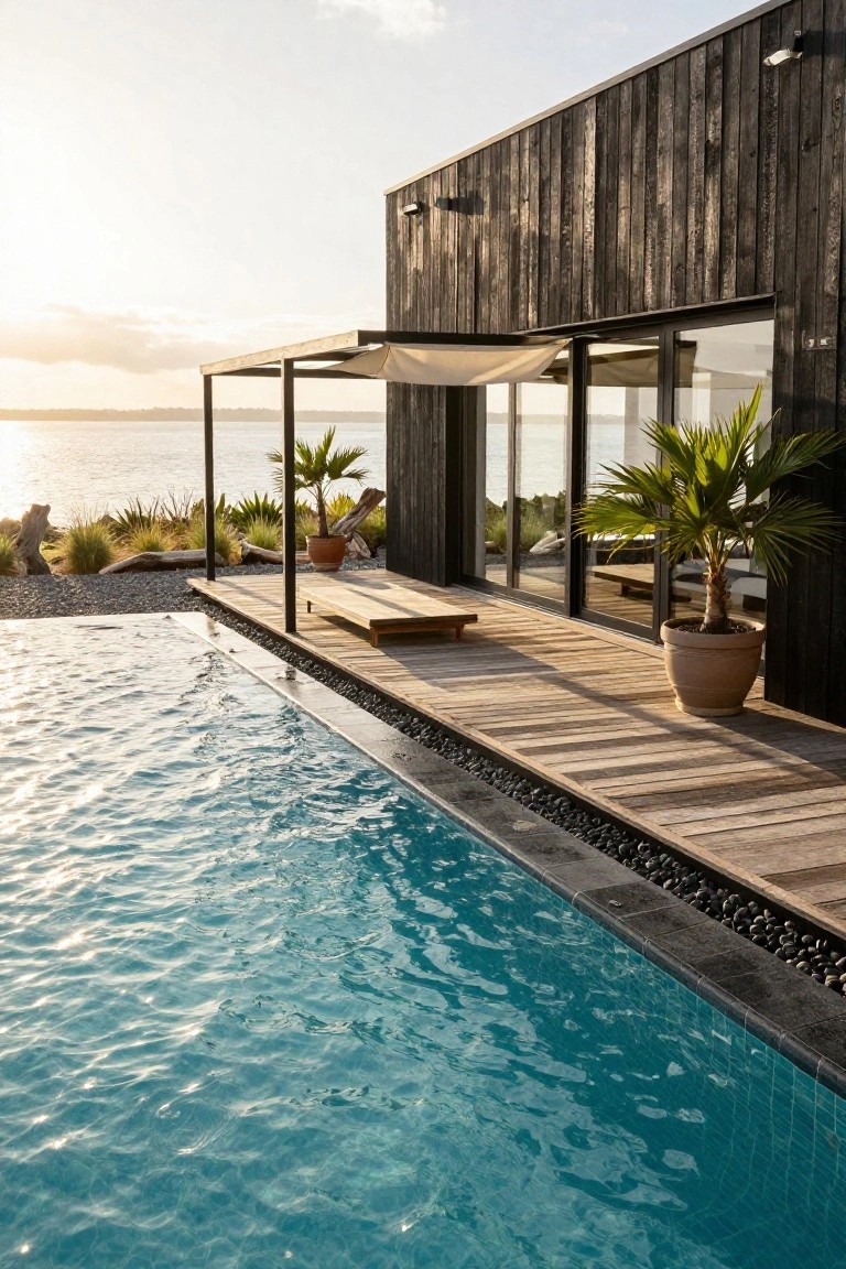 Black vertical wood-clad modern house exterior with wooden deck, infinity-edge pool bordered by black tiles and pebbles, potted palms, and lake view at sunset