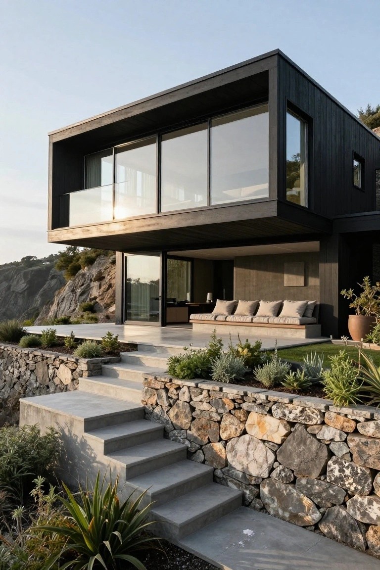 Black wood-clad modern house with cantilevered upper level above concrete terrace, stone retaining walls, steps, and native plants on a rocky hillside.