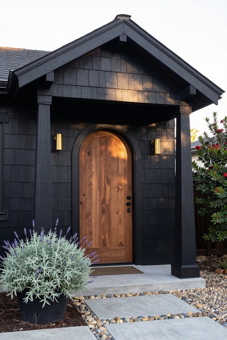 Front exterior of a black shingle house under a gabled porch with an arched natural wood door centered between gold wall sconces, a welcome mat on concrete steps, potted silver-leaf lavender plant, and pebble accents along the path.