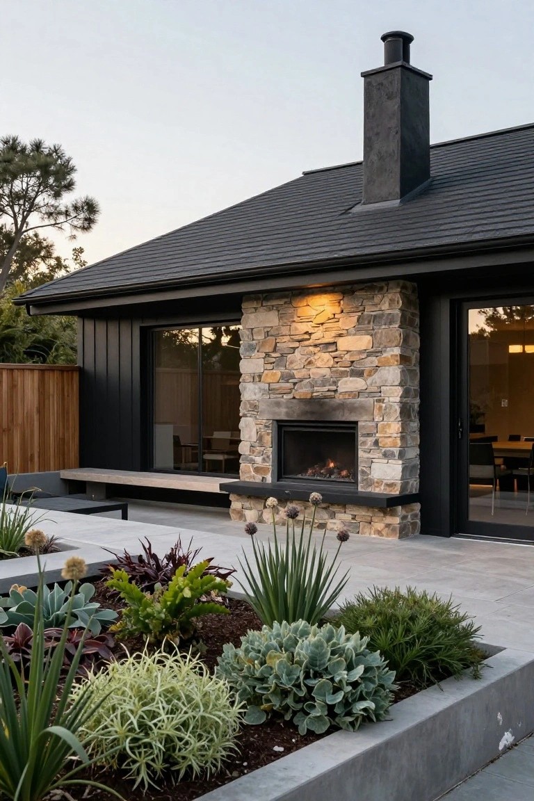 Exterior view of a black-clad house with vertical siding, tall stone outdoor fireplace next to black-framed glass doors, lit gas flames, concrete bench, and succulent garden beds on a paved patio.