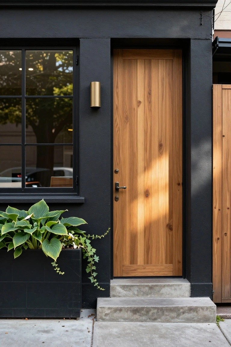 Black painted house exterior with wooden front door, black-framed window, gold cylindrical wall light, potted hosta plants, and concrete entry steps.