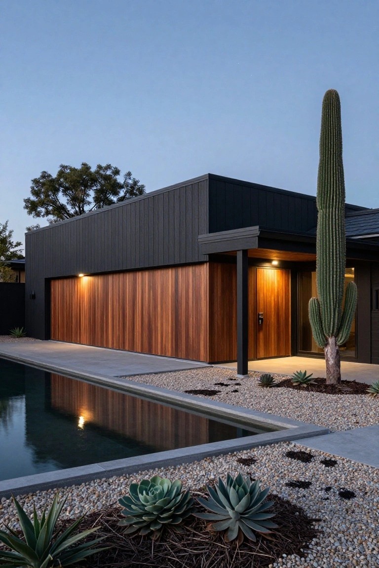 Black vertically clad modern house exterior with wooden slatted garage door and entry, tall cactus plant nearby, agave plants, pebble landscaping, and pool edge at dusk.