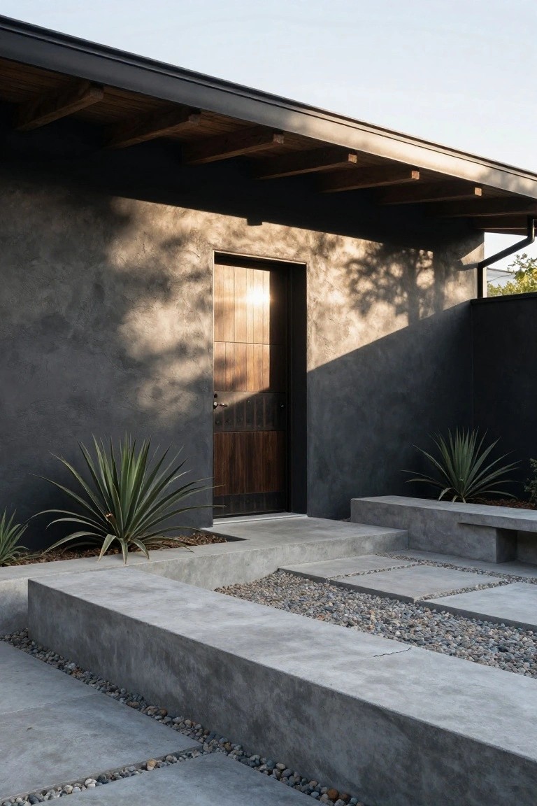 Exterior of a mid-century style house featuring dark gray textured stucco walls, a tall dark wood slatted door with metal frame, flanked by agave plants, concrete raised planters and steps, pebble ground cover, and gravel paths.