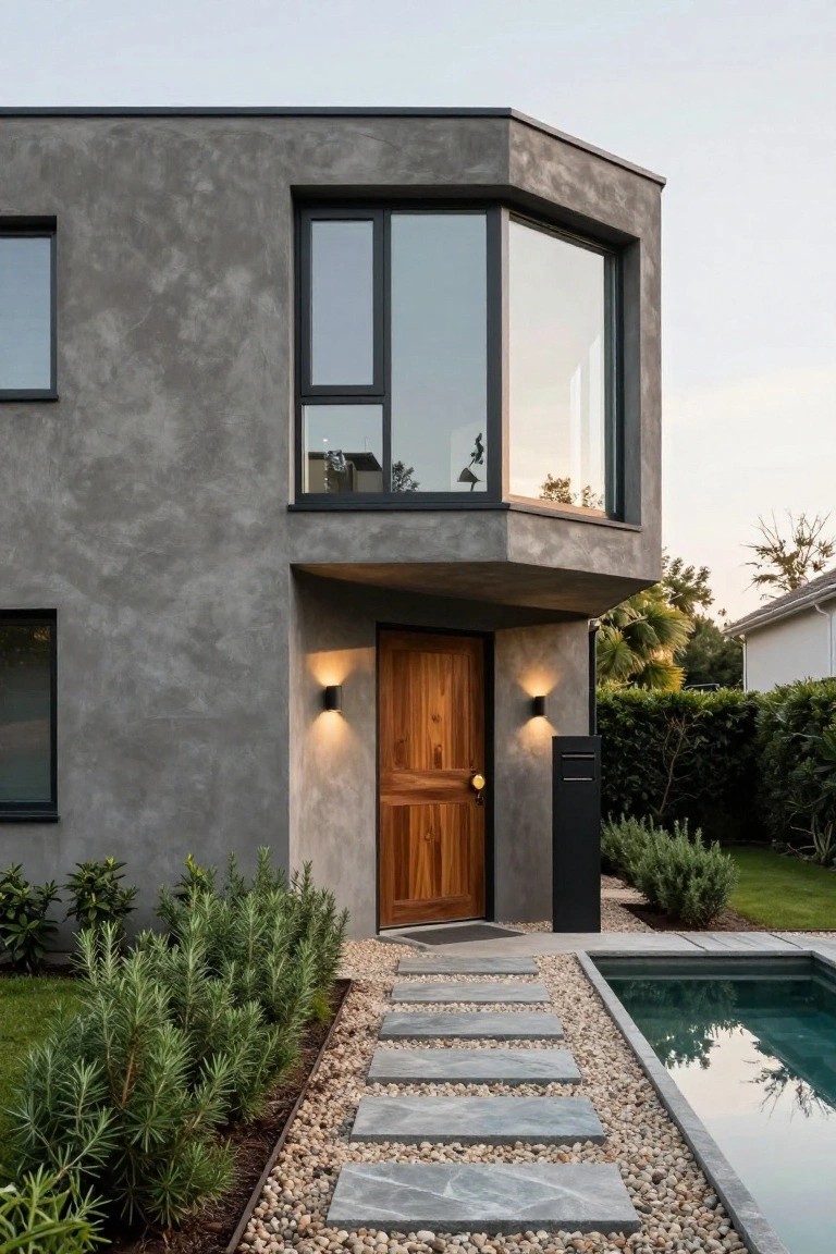 Modern house corner exterior with textured gray stucco walls, black-framed multi-pane window, wooden double front door with brass knob, wall-mounted black lights, stone slab pathway, gravel and rosemary border, and small pool nearby.