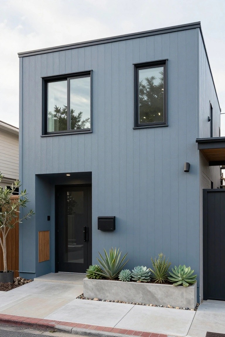A two-story modern house with light blue vertical plank siding, black-framed windows, a dark front door under a recessed entry, and succulents in a concrete planter box along the sidewalk.