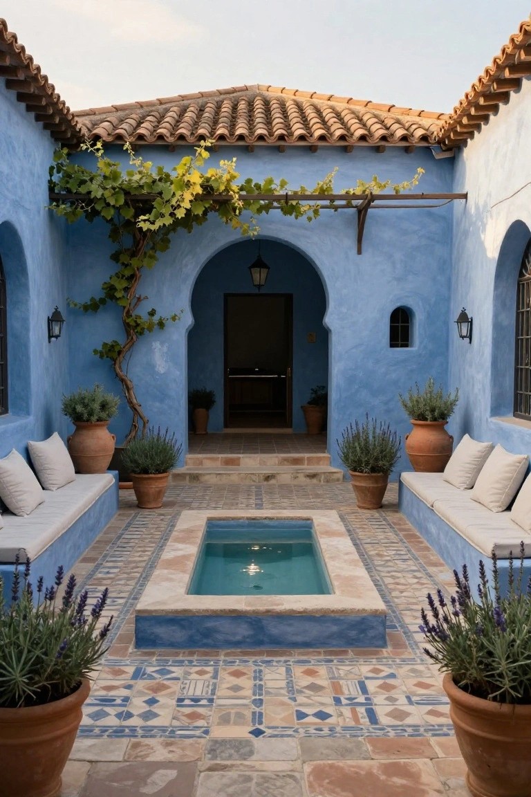 Blue stucco courtyard with central rectangular pool, built-in cushioned benches on either side, potted lavender and olive plants, grape vine on wall, arched entry door, and patterned tile floor.