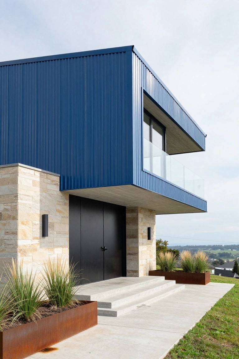 Modern house exterior with blue corrugated metal siding on upper walls, beige stone base and pillars, black double doors, concrete entry steps, rust-toned metal planters filled with tall grasses, on a grassy slope overlooking fields.