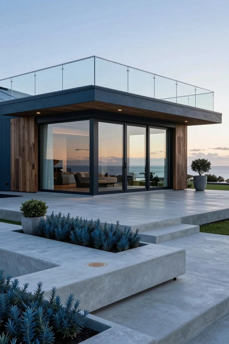 Corner of a modern house with dark blue walls, vertical wood cladding, large glass corner doors opening to a concrete terrace with blue agave plants, steps, and ocean view at sunset.