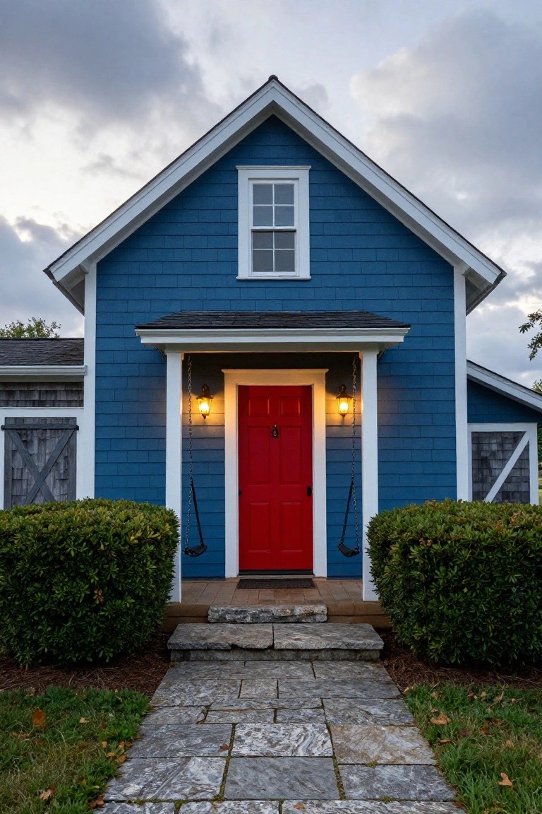Deep blue shingle siding house with white trim, red front door under a small porch with hanging lanterns, boxwood shrubs on both sides, and stone pathway leading to steps.