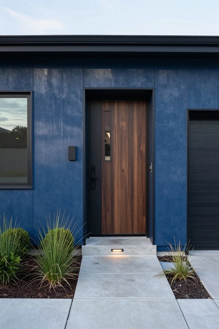 Modern house front with deep blue siding, dark wood entry door with glass panel and handle, slim black-framed window, black garage door, concrete entry path with underlight, and grasses in beds.