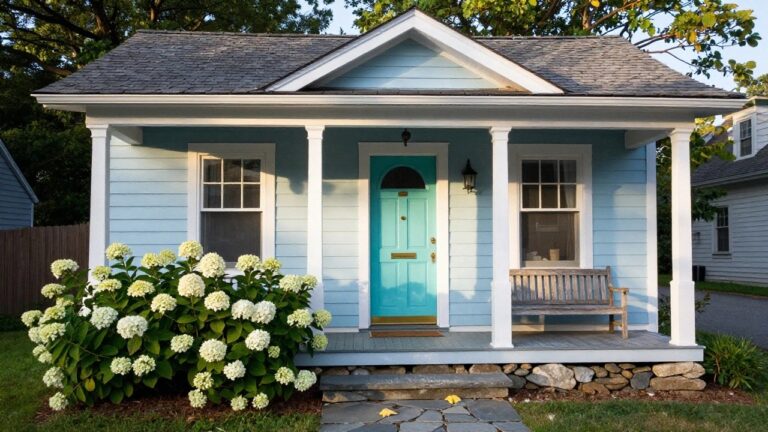 Light blue clapboard house with white trim and porch columns, turquoise arched front door, lantern light, wooden bench, large white hydrangea bushes, and stone steps leading to the entry.
