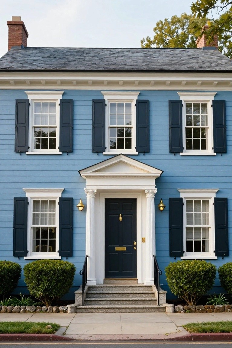Two-story light blue clapboard house with black shutters on multipaned windows, white trim, pedimented entry porch with dark front door and lanterns, flanked by stone steps and boxwood shrubs along a sidewalk.