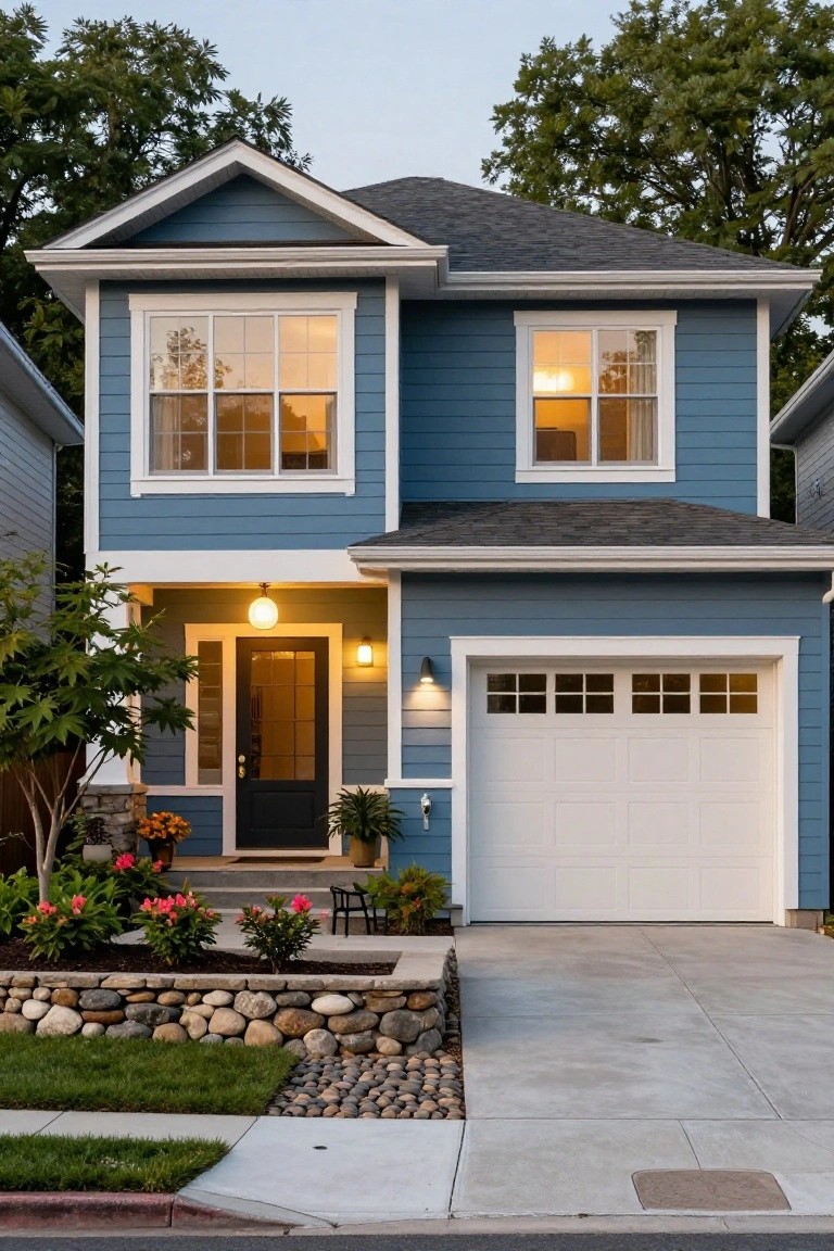 Two-story house painted in soft blue siding with white trim, gabled dark shingle roof, lit front porch with dark door, white garage door, landscaped yard with plants, flowers, stone wall, and river rock edging at dusk.