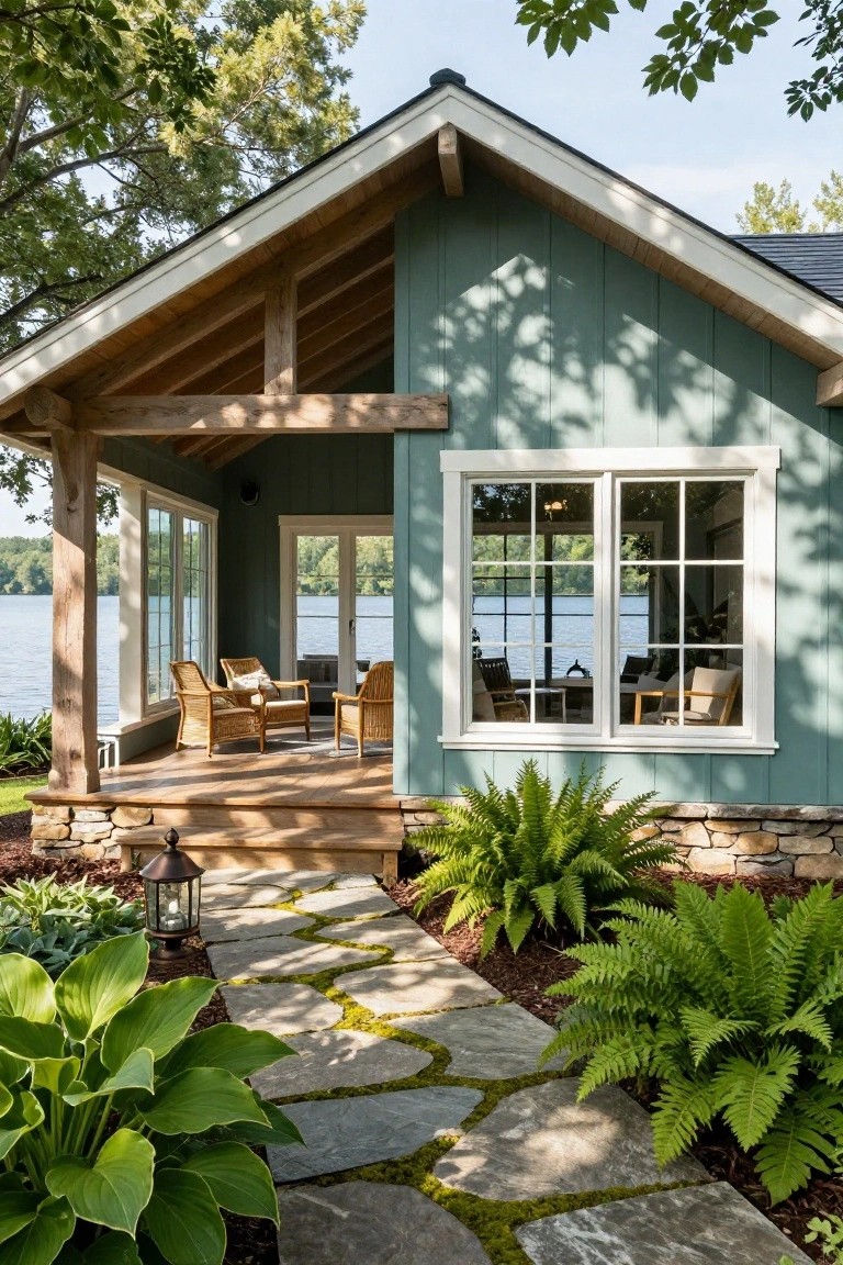 Teal board-and-batten siding on a small cabin with exposed wooden beams, large windows and glass doors overlooking a lake, wooden porch furniture, stone steps, and surrounding plants and path.