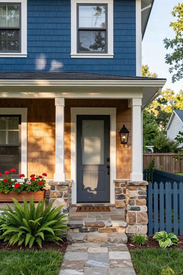 Front view of a house featuring navy blue shingle siding on the upper story, horizontal cedar shakes and stone pillars on the covered porch entry with a gray frosted glass door, white columns, and surrounding landscaping including flowers and ferns.