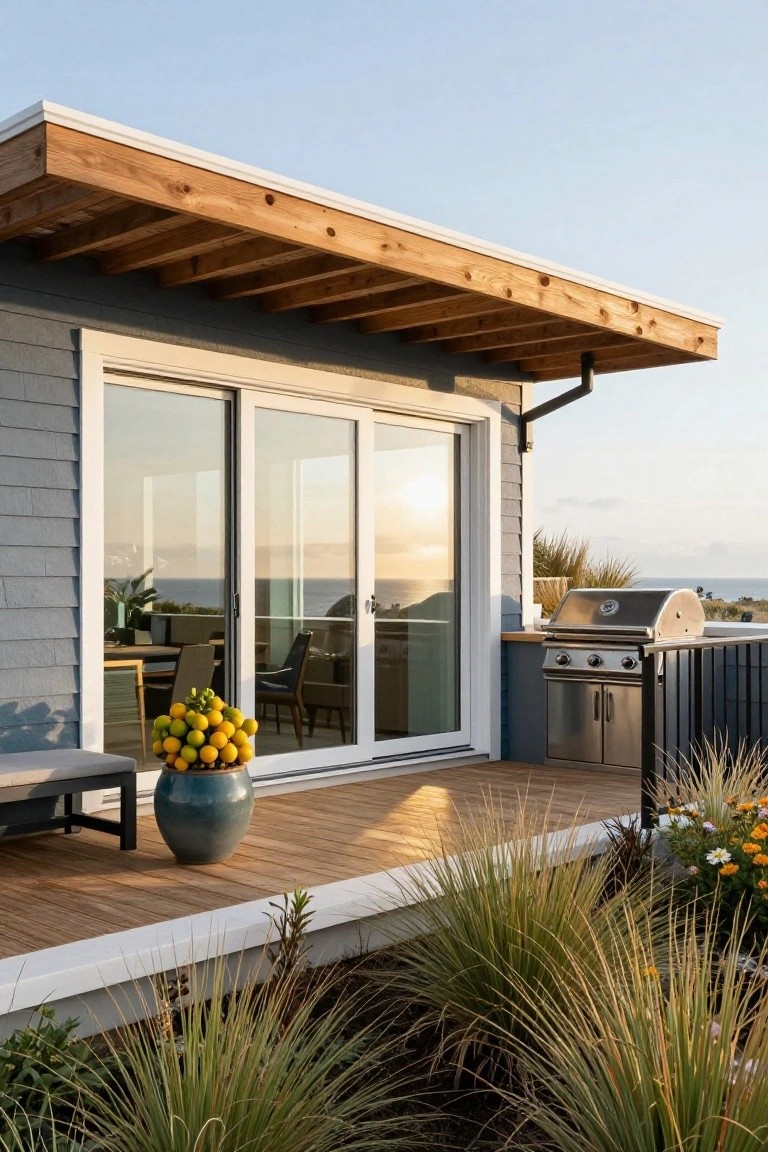 Side view of a gray-blue shingle house exterior with white sliding glass doors, wooden deck and overhang, built-in BBQ grill, potted lemons, lounge chair, and grasses near an ocean view at sunset.