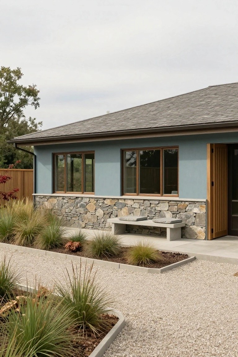 Side exterior of a single-story house with pale blue siding, beige stone wainscoting base, wooden sliding door, triple window, concrete bench with cushions, and gravel path edged by ornamental grasses.