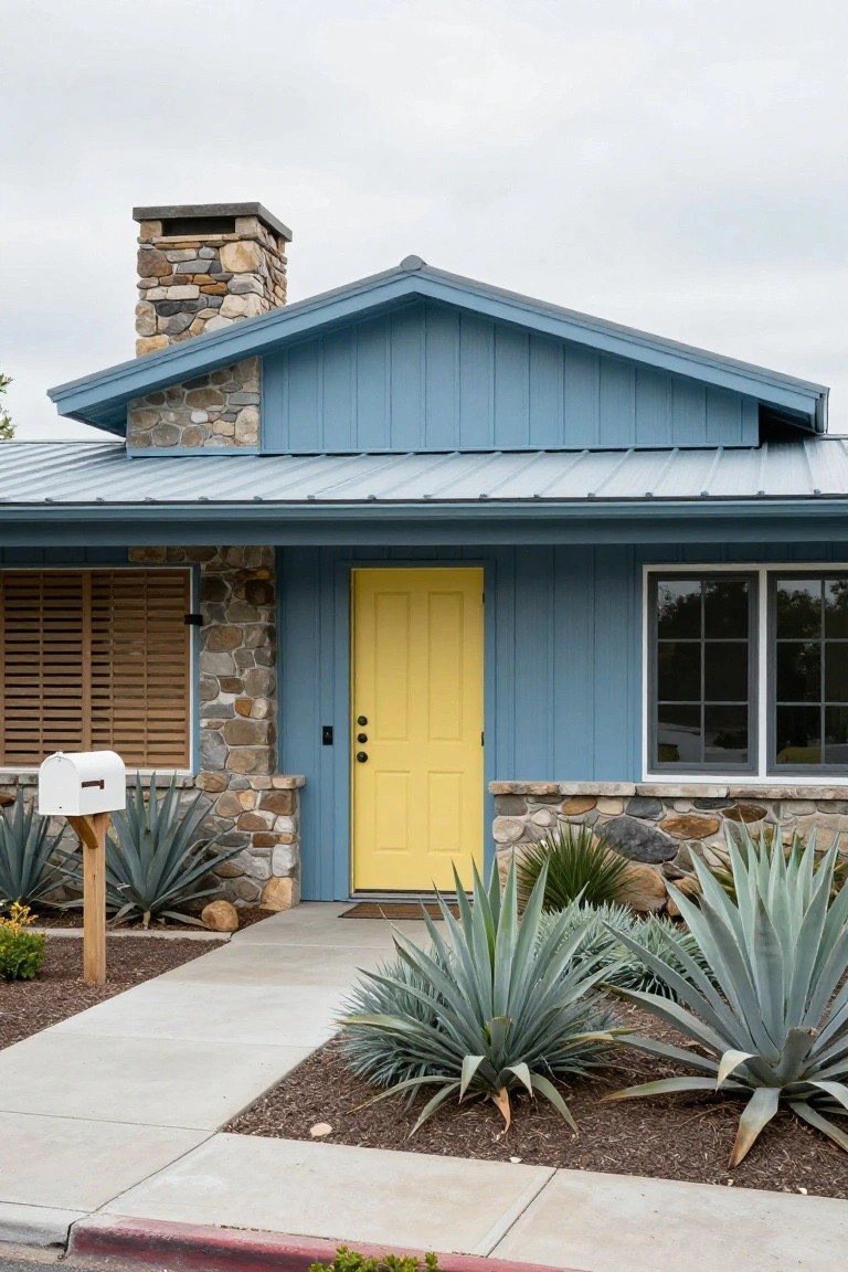 Front view of a single-story house with teal blue vertical siding, yellow front door, stone chimney and base accents, white mailbox on a post, several agave plants in gravel beds, and a concrete walkway leading to the entry.