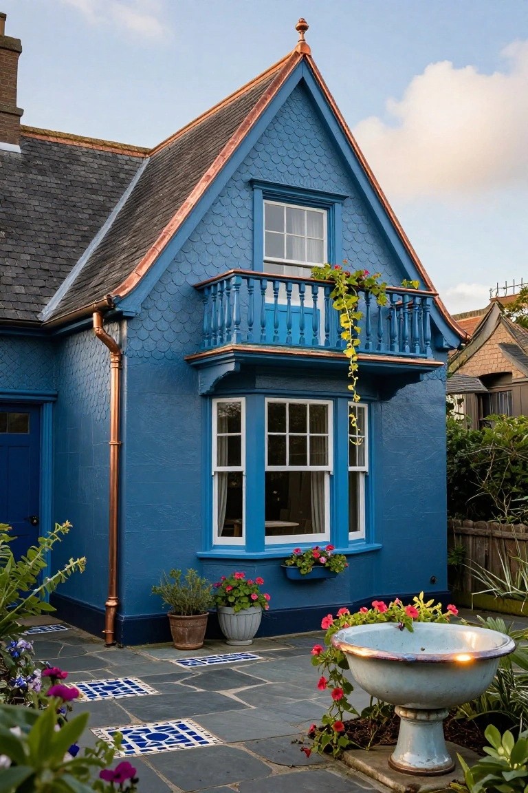 Turquoise blue gabled cottage exterior with copper roof edges, fish-scale siding pattern, blue balcony railing, bay window, blue front door, copper downspout, and front slate patio with potted plants, flowers, blue tiles, and white ceramic fountain.