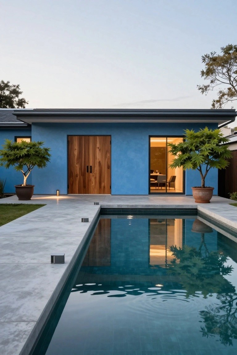 Blue stucco house exterior with wooden double front door, glass sliding wall, potted palm trees, concrete pool deck, and long rectangular pool at dusk.
