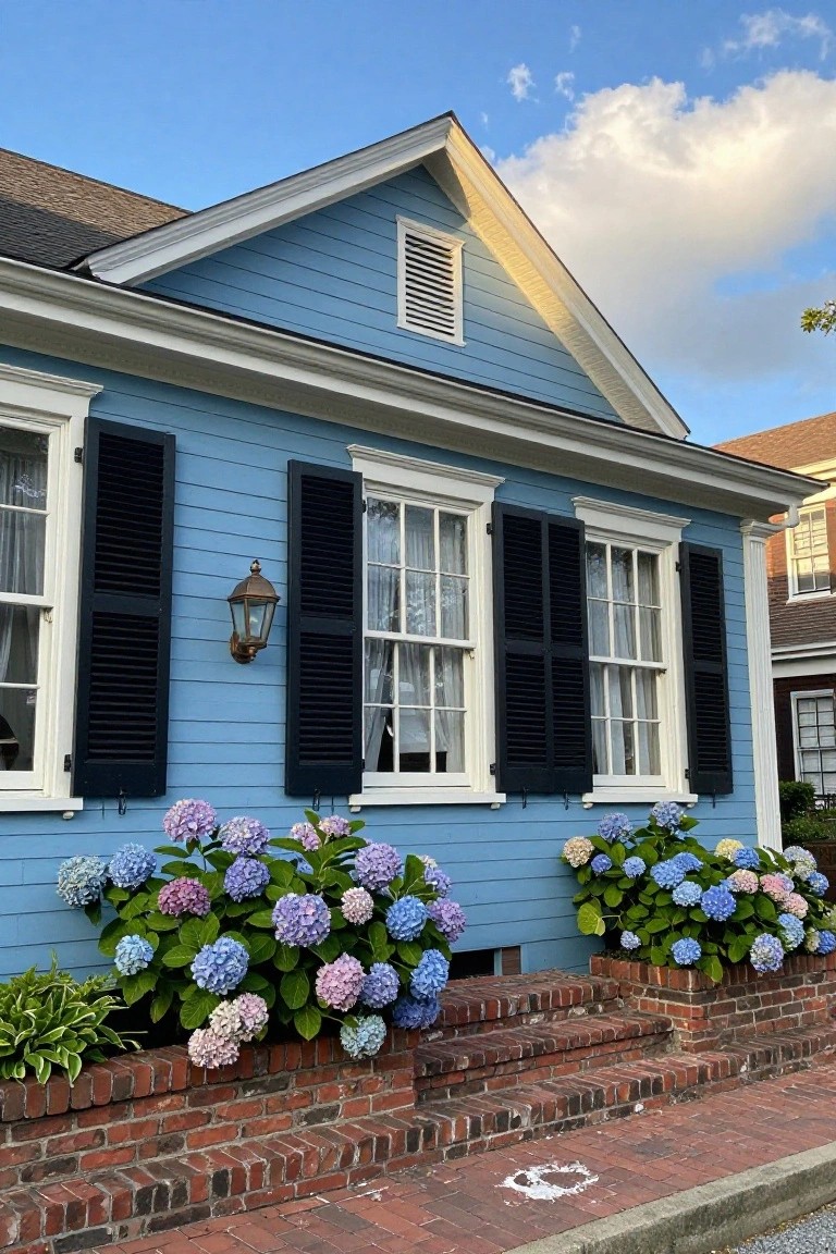 Light blue clapboard house exterior with black shutters on white-framed windows, a brass lantern light, large blooming hydrangea bushes in purple and blue tones flanking brick entry steps, and adjacent brick path under partly cloudy sky.