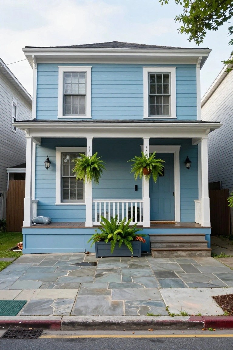Light blue two-story clapboard house with white trim, covered front porch supported by white columns, hanging ferns, lanterns flanking the blue door, potted plants on porch, and bluestone paver walkway.