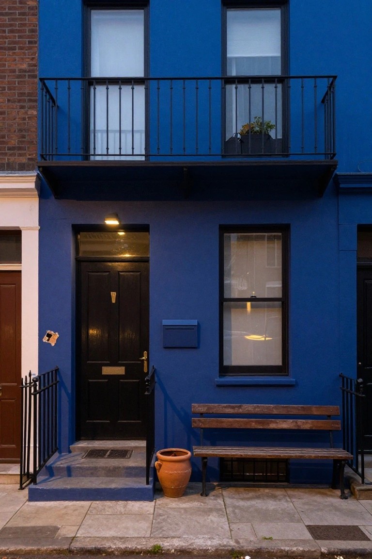 A narrow two-story terraced house painted bright blue with black front door, metal balcony above, blue mailbox, wooden bench, and large terracotta pot on the front pavement at dusk.