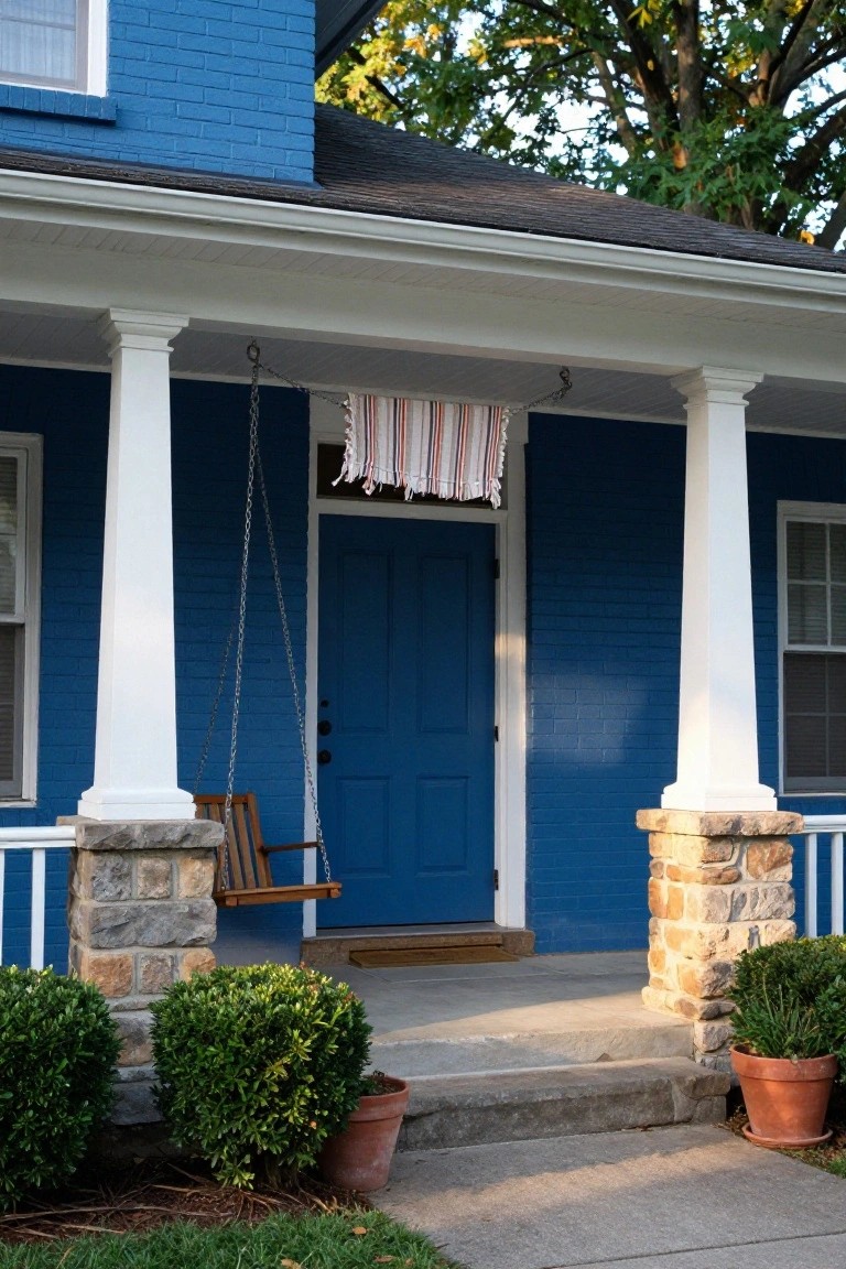 Blue brick house exterior featuring a covered porch with white columns on stone bases, wooden porch swing hanging from chains, blue double front door, striped hanging fabric, boxwood shrubs, and potted plants beside concrete steps.