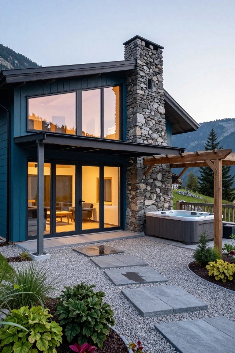Modern two-story chalet house with dark blue wood siding, tall stone chimney, large glass windows and sliding doors, gray hot tub on gravel patio with stone path and plants, mountains in background at dusk.