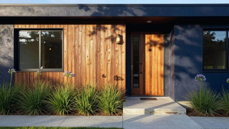 Close-up view of a modern house facade with deep blue stucco walls, a recessed walnut wood front door with slim glass panel and black handle, adjacent slim black-framed window, metal wall light, concrete entry steps, and low native plants along the path.