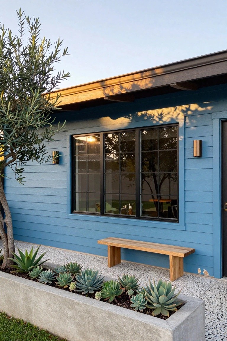 Blue clapboard siding on house exterior with large black-framed grid window, black front door, cylindrical wall lights, wooden bench, concrete succulent planter box, olive tree, pebble path, and grass nearby.