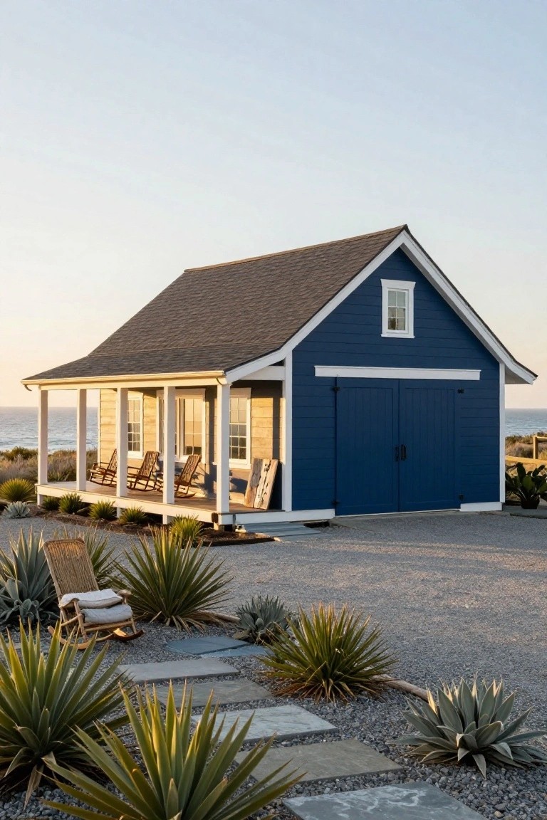 Navy blue wooden garage with double doors, white trim, covered porch with rocking chairs, agave plants in gravel yard, and ocean view at sunset.