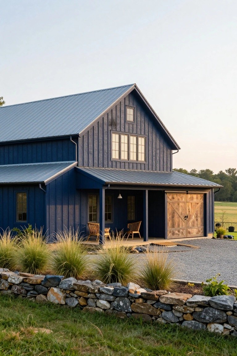 Navy blue board-and-batten sided two-story barn-style house with gray metal roof, covered porch, wooden double garage doors, stone retaining wall, and tall ornamental grasses in foreground against green field.
