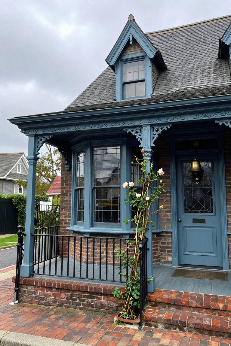 Front view of a two-story blue-painted Victorian-style house with ornate wooden porch brackets, bay window, climbing roses by the blue front door with brass bell, black metal railing, and brick foundation on a brick walkway.