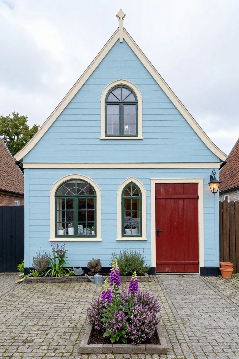 Light blue clapboard house with white trim, peaked roof, arched green-frame windows, red front door, lantern light, plants in beds, and cobblestone path in front.
