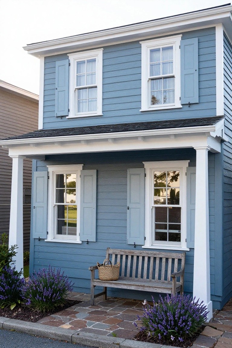 Two-story light blue clapboard house with white window trim, blue shutters, covered front porch supported by white columns, wooden bench with basket, lavender plants, and brick paver path.