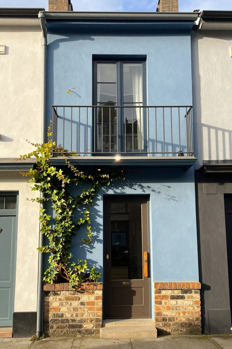 Narrow two-story terraced house painted blue with ivy climbing the left side, black metal balcony above the door, dark wood entry door, brick base, and adjacent white and gray houses on a paved street.