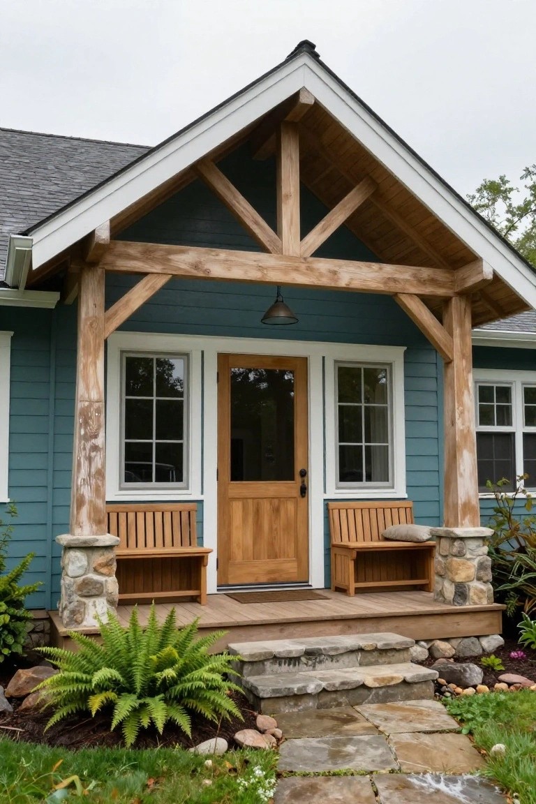Front view of a blue-sided house with a covered porch supported by exposed weathered wooden beams and posts, a wooden entry door flanked by windows, teak benches on stone bases, wooden deck steps, and low landscaping with ferns and stone path.
